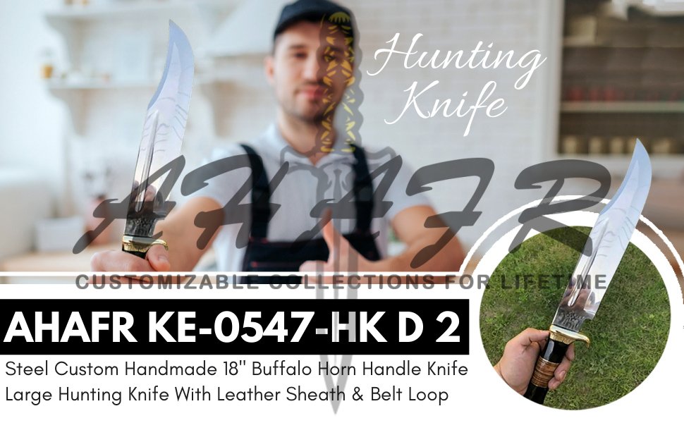 AHAFR Crocodile Dundee Bowie Knife D 2 Steel Handmade 18" Buffalo Horn Leather Handle Knife Large Hunting Bowie Knife With Leather Sheath Razor Sharp KE-0547-HK