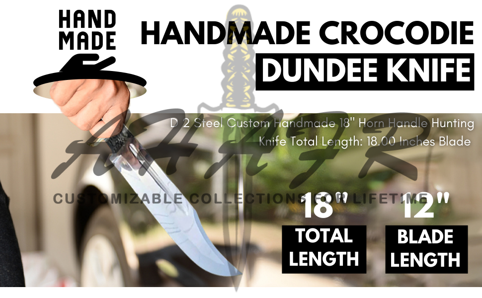 AHAFR Crocodile Dundee Bowie Knife D 2 Steel Handmade 18" Buffalo Horn Leather Handle Knife Large Hunting Bowie Knife With Leather Sheath Razor Sharp KE-0547-HK