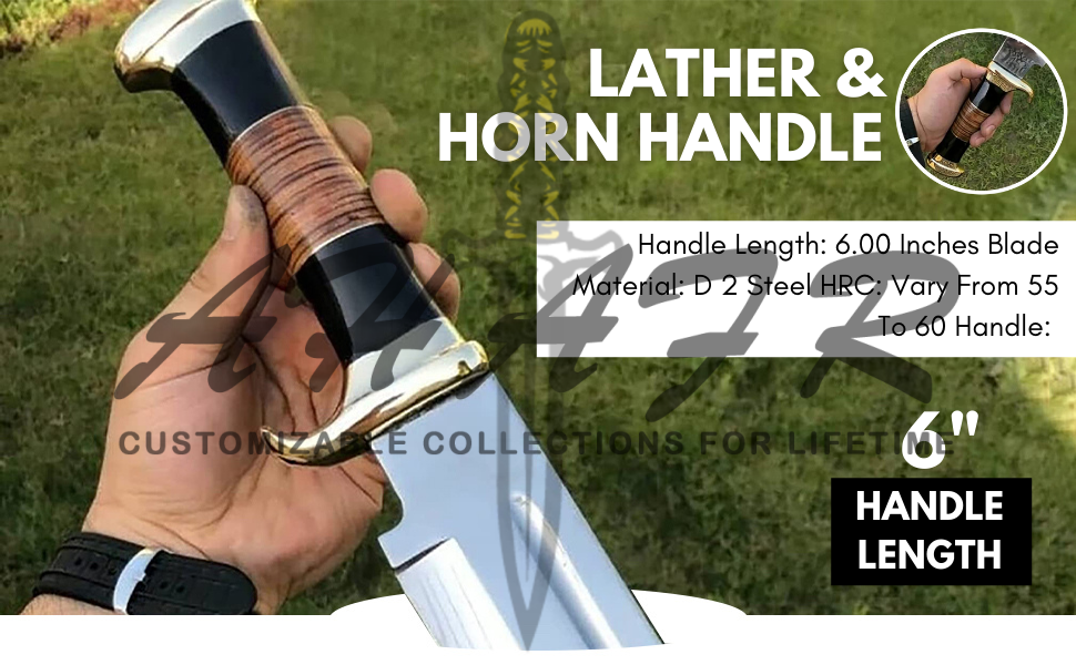 AHAFR Crocodile Dundee Bowie Knife D 2 Steel Handmade 18" Buffalo Horn Leather Handle Knife Large Hunting Bowie Knife With Leather Sheath Razor Sharp KE-0547-HK