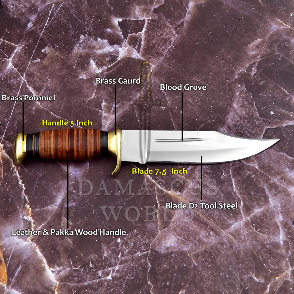 KE-0548-HK D 2 Steel 12.5 inch Fixed Blade Bowie Knife | Hunting Knife, Leather Handle | Hunting, Skinning, Camping | Large Hunting Bowie Knife For Men